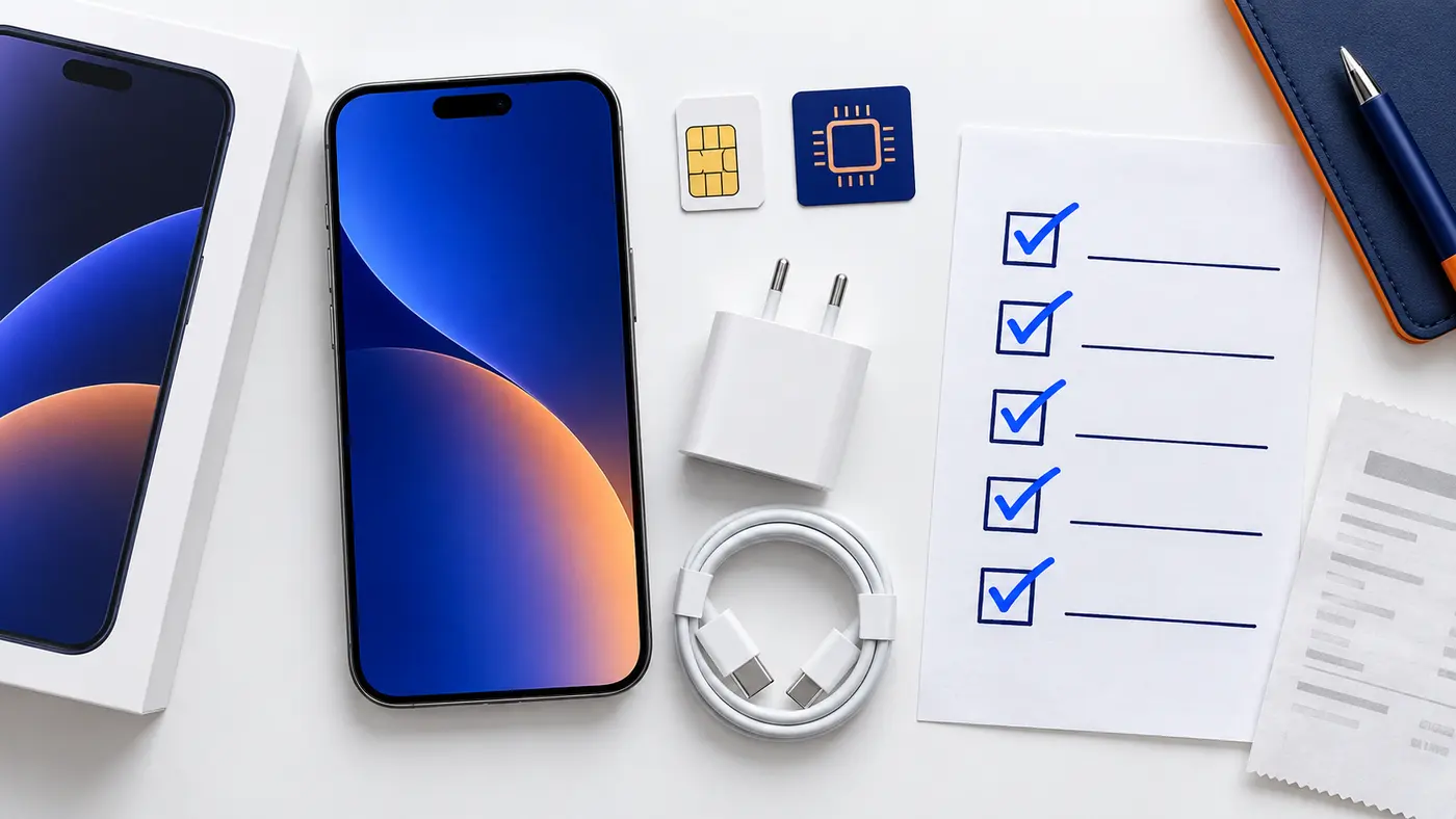 Checklist com smartphone, chip, carregador e comprovante de compra