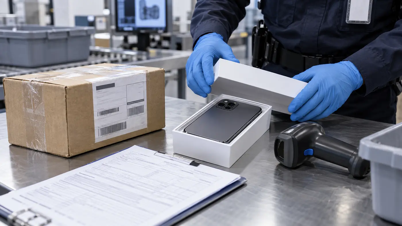 Como importar um iPhone: aparelho em inspeção alfandegária com caixa e documentos