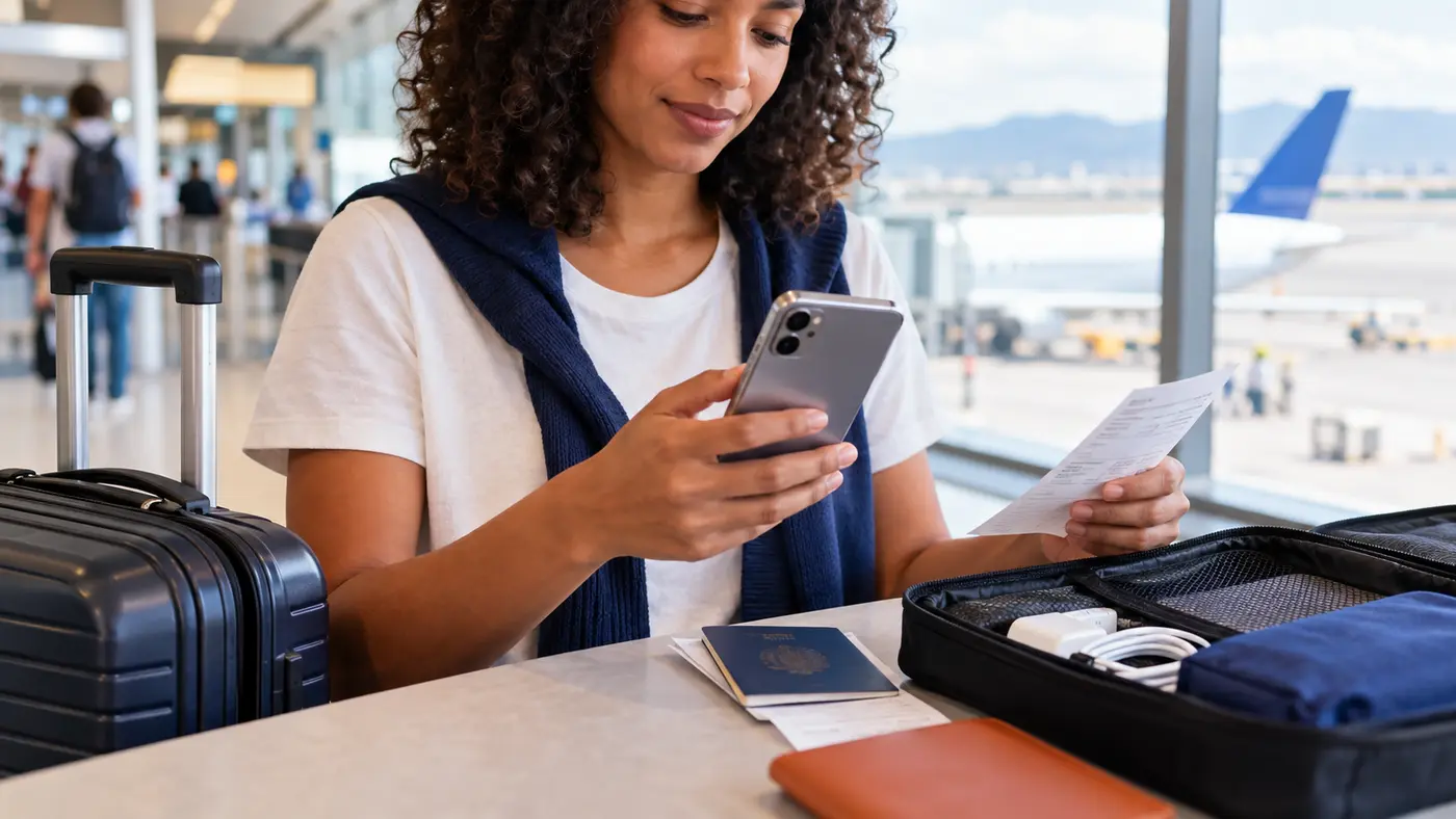 Viajante conferindo smartphone e comprovante de compra no aeroporto