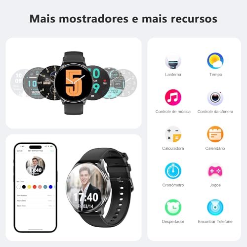 Smartwatch Masculino e Feminino AMOLED 1.43" com Chamadas Bluetooth,100+ Modos Esportivos, IP68, 2 Pulseiras - Imagem 5