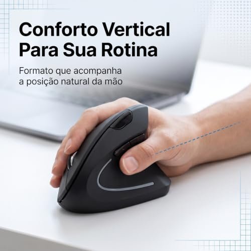Mouse Vertical Ergonômico Sem Fio 2,4 GHz, Receptor USB-A, Preto, Design Ortopédico DPI Ajustável, Plug and Play, Usa 2 Pilhas AAA - Imagem 2