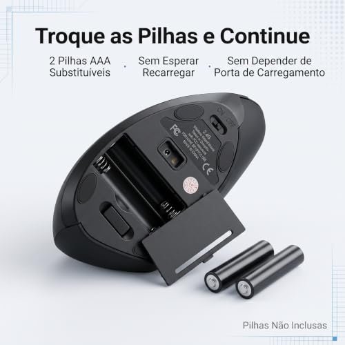 Mouse Vertical Ergonômico Sem Fio 2,4 GHz, Receptor USB-A, Preto, Design Ortopédico DPI Ajustável, Plug and Play, Usa 2 Pilhas AAA - Imagem 3
