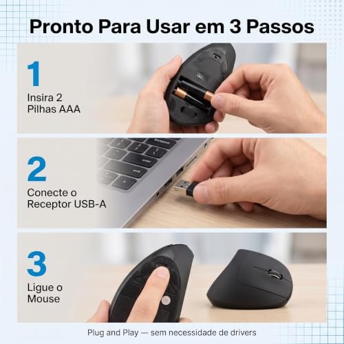 Mouse Vertical Ergonômico Sem Fio 2,4 GHz, Receptor USB-A, Preto, Design Ortopédico DPI Ajustável, Plug and Play, Usa 2 Pilhas AAA - Imagem 4