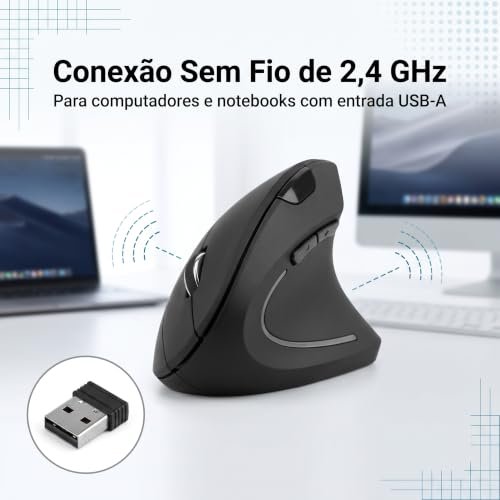 Mouse Vertical Ergonômico Sem Fio 2,4 GHz, Receptor USB-A, Preto, Design Ortopédico DPI Ajustável, Plug and Play, Usa 2 Pilhas AAA - Imagem 5