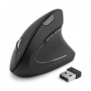 Mouse Vertical Ergonômico Sem Fio 2,4 GHz, Receptor USB-A, Preto, Design Ortopédico DPI Ajustável, Plug and Play, Usa 2 Pilhas AAA