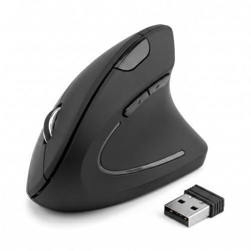 Mouse Vertical Ergonômico Sem Fio 2,4 GHz, Receptor USB-A, Preto, Design Ortopédico DPI Ajustável, Plug and Play, Usa 2 Pilhas AAA