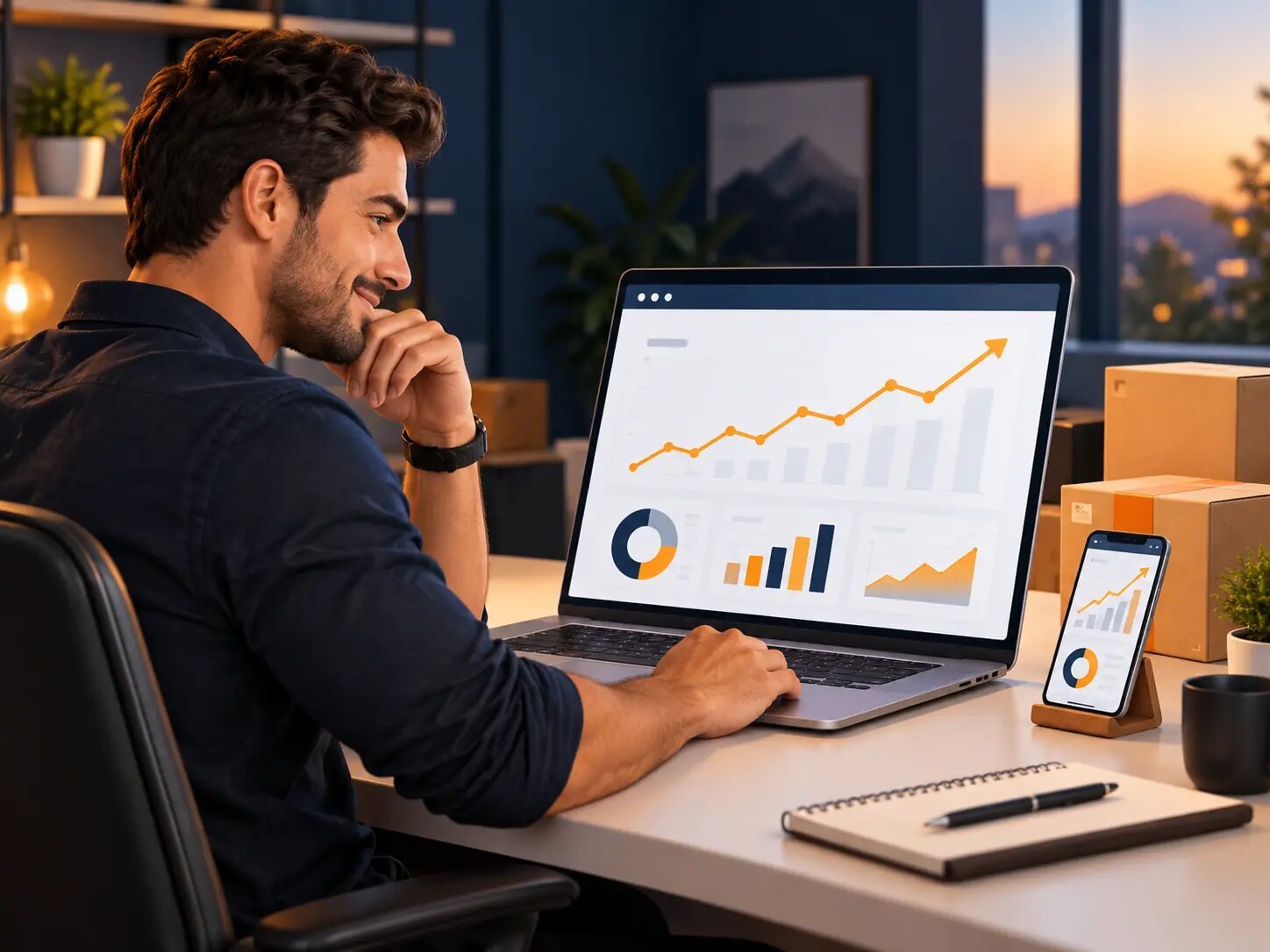 Empreendedor analisando resultados e desempenho de recomendações de produtos online