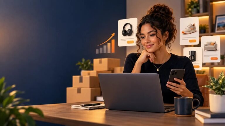 Criador de conteúdo usando notebook e celular para recomendar produtos e ganhar comissões como afiliado Amazon