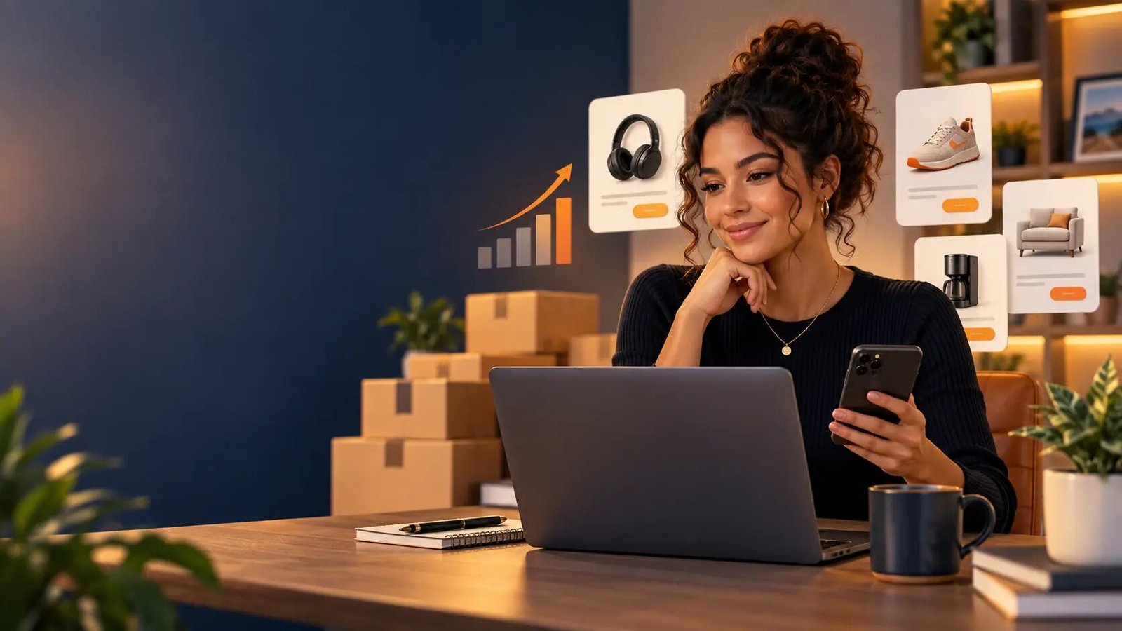 Criador de conteúdo usando notebook e celular para recomendar produtos e ganhar comissões como afiliado Amazon