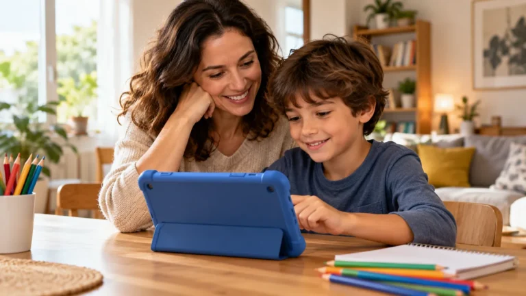 Responsável e criança escolhendo e usando um tablet com capa protetora em casa