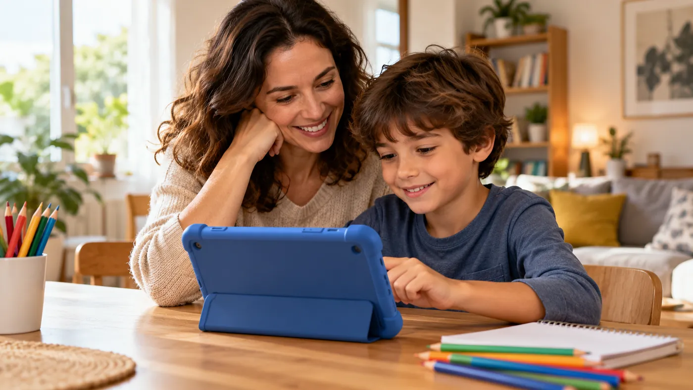 Responsável e criança escolhendo e usando um tablet com capa protetora em casa