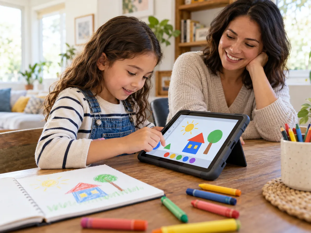 Criança desenhando em tablet com acompanhamento de responsável