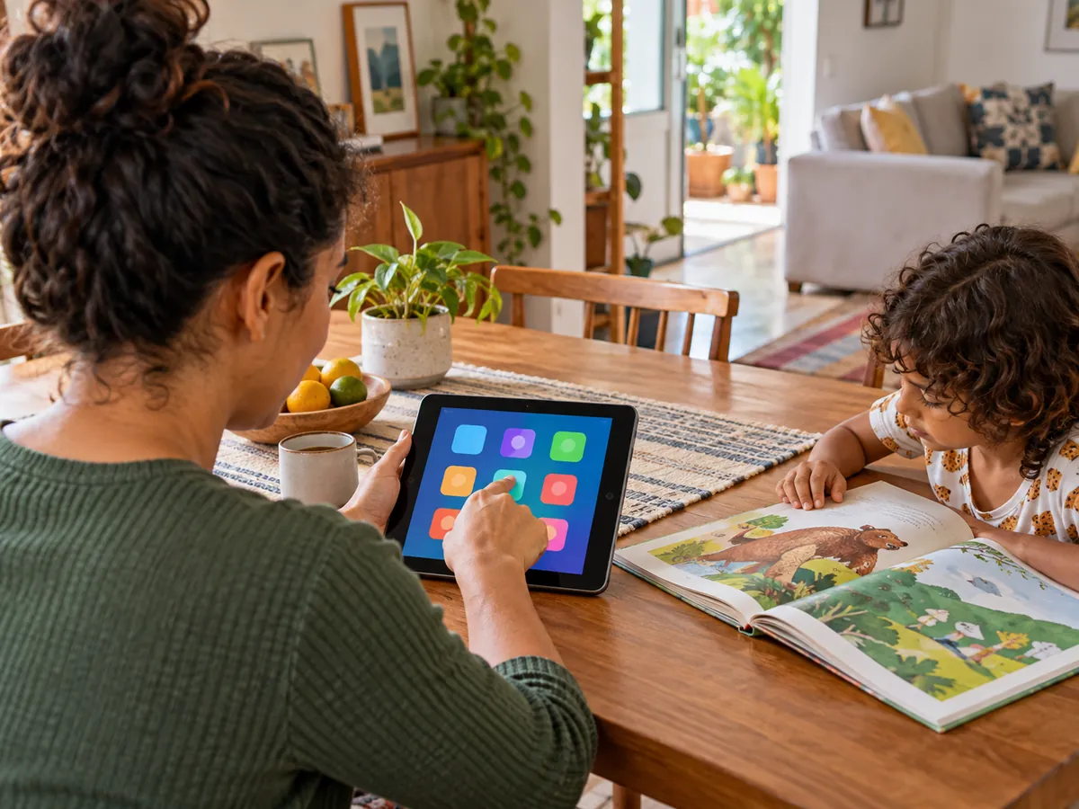 Responsável configurando um tablet enquanto criança lê um livro ao lado